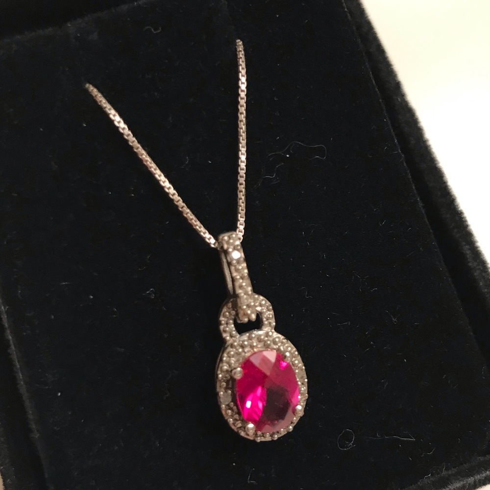 Oval dark pink topaz and diamond pendant necklace, 18” length